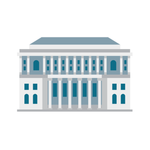 Illustration of Manchester Central Library shown with its neoclassical front, featuring tall grey columns and arched blue‑toned windows.