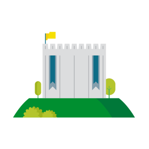 Illustration of Norwich Castle in grey colours adorned by blue banners and a yellow flag, positioned on a green mound surrounded by trees and bushes.