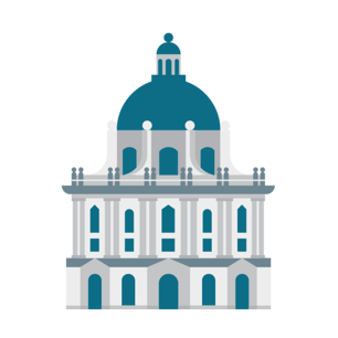 Illustration depicting the Radcliffe Camera in Oxford, showing a large teal-blue dome, grey classical columns, and arched blue windows