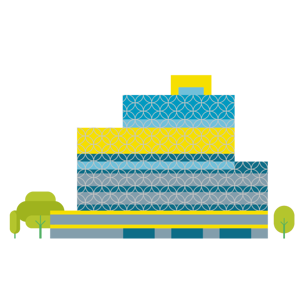Illustration of the Library of Birmingham shown as a contemporary multi‑layered structure with blue, grey, and yellow patterned sections, framed by green trees