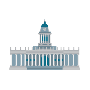 Illustration of Leeds Town Hall depicted with its tall columns and a central clock tower crowned by a teal dome, shown in grey and blue tones.